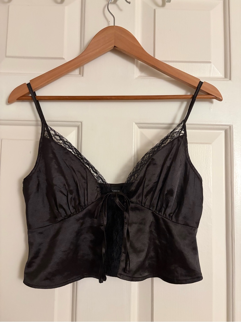 SHEIN Black Satin Lace Cami Crop Top XS Coquette